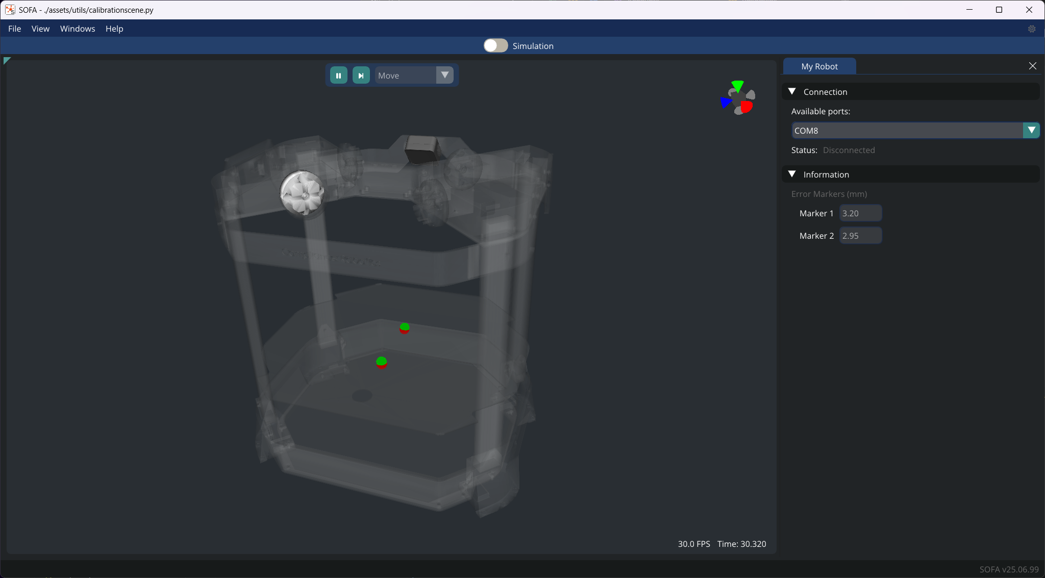 The simulation in SOFA Robotics at the end of the calibration process. The green markers match the red ones.