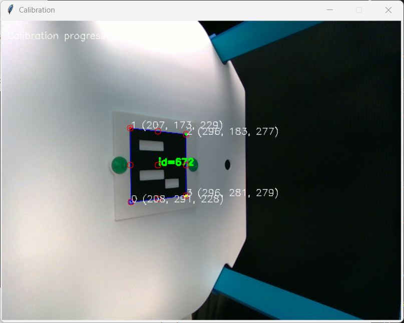 The calibration window with the aruco marker being tracked.